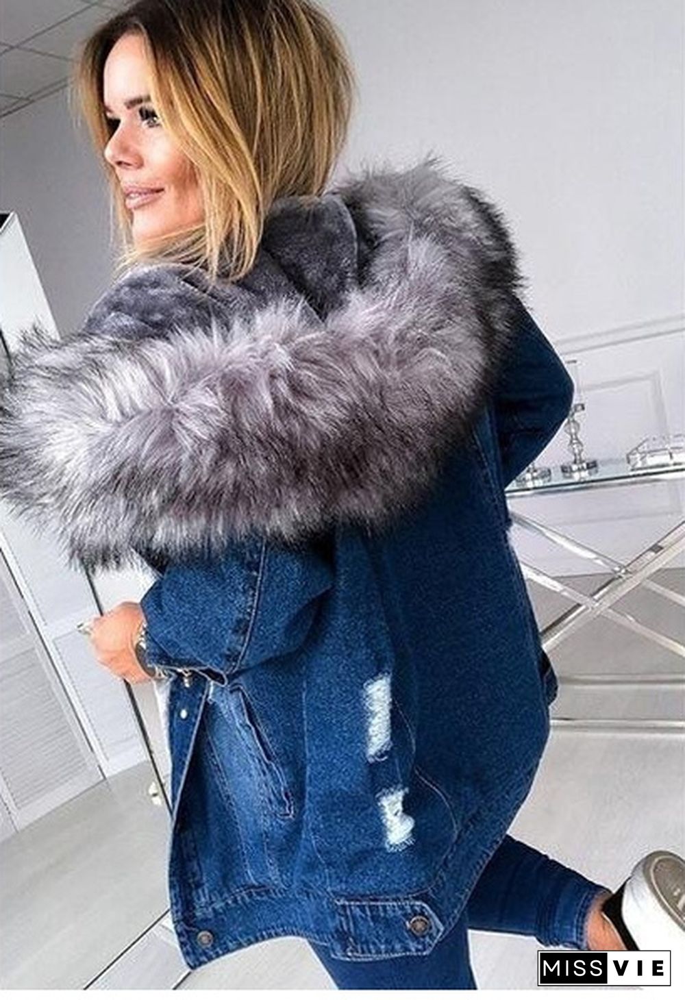 Women Winter Coat Faxu Fur Hooded Jackets Denim Jean Winter Jackets Oversized Fur Collar Denim Coat Casual Ripped Button Jacket Down Thick Denim Jacket Outwear Plus Size