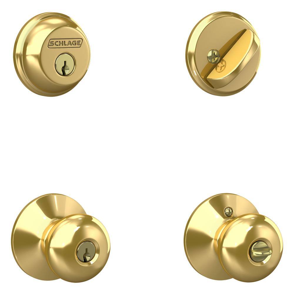 Schlage Plymouth Bright Brass Single Cylinder Deadbolt and Keyed Entry Door Knob Combo Pack FB50N V PLY 505 605