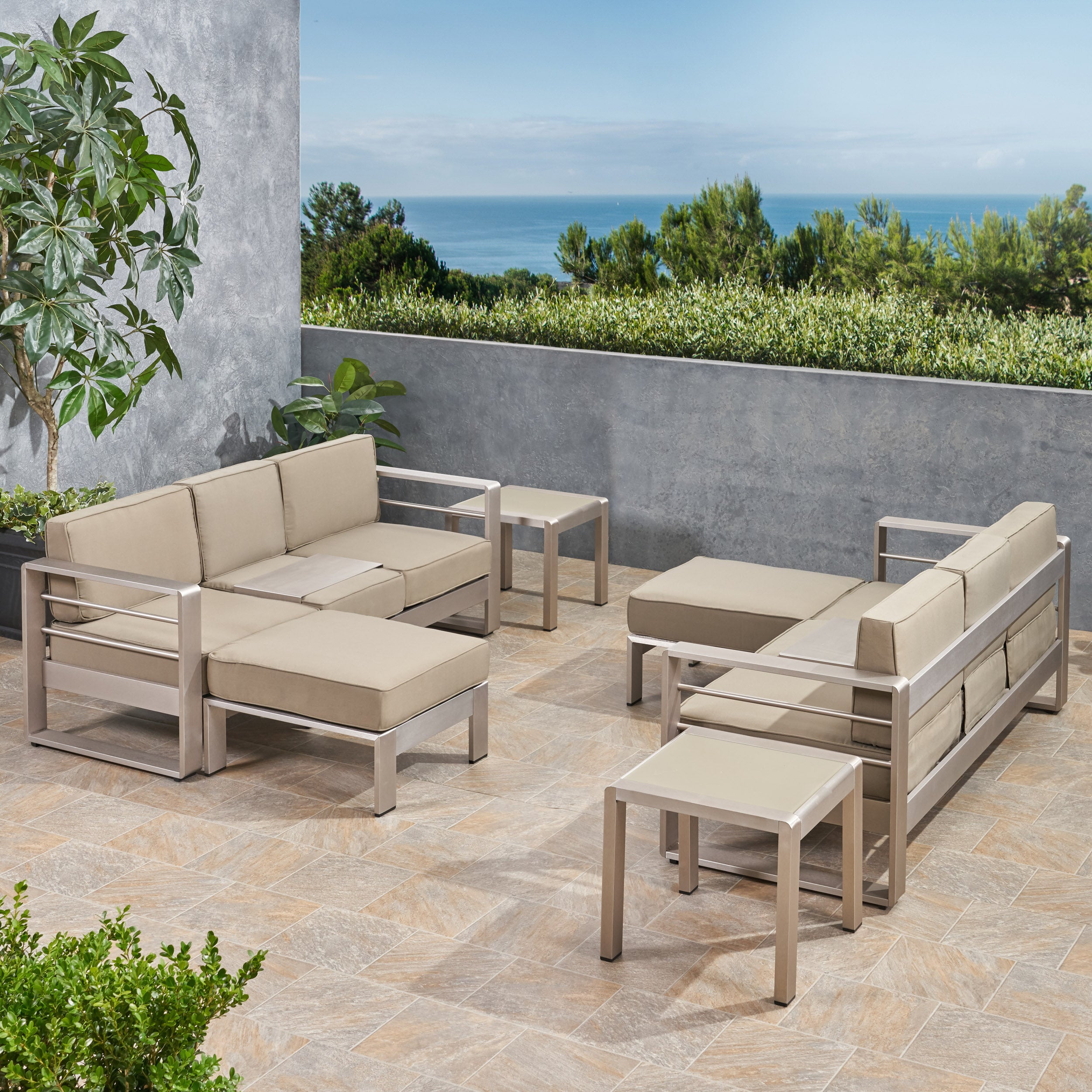 Linda Outdoor 6 Seater Aluminum Sofa and Ottoman Set with Side Tables