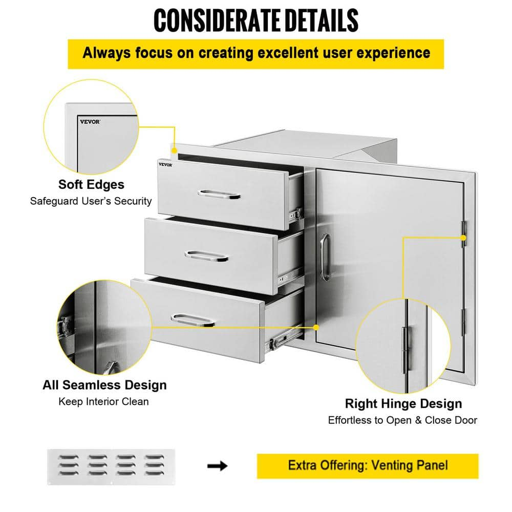 VEVOR 38.1 in. W x 22.6 in. H x 20.8 in. D Outdoor Kitchen Drawers Stainless Steel BBQ Access Drawers with Handle CTG23X38.9X21.101V0