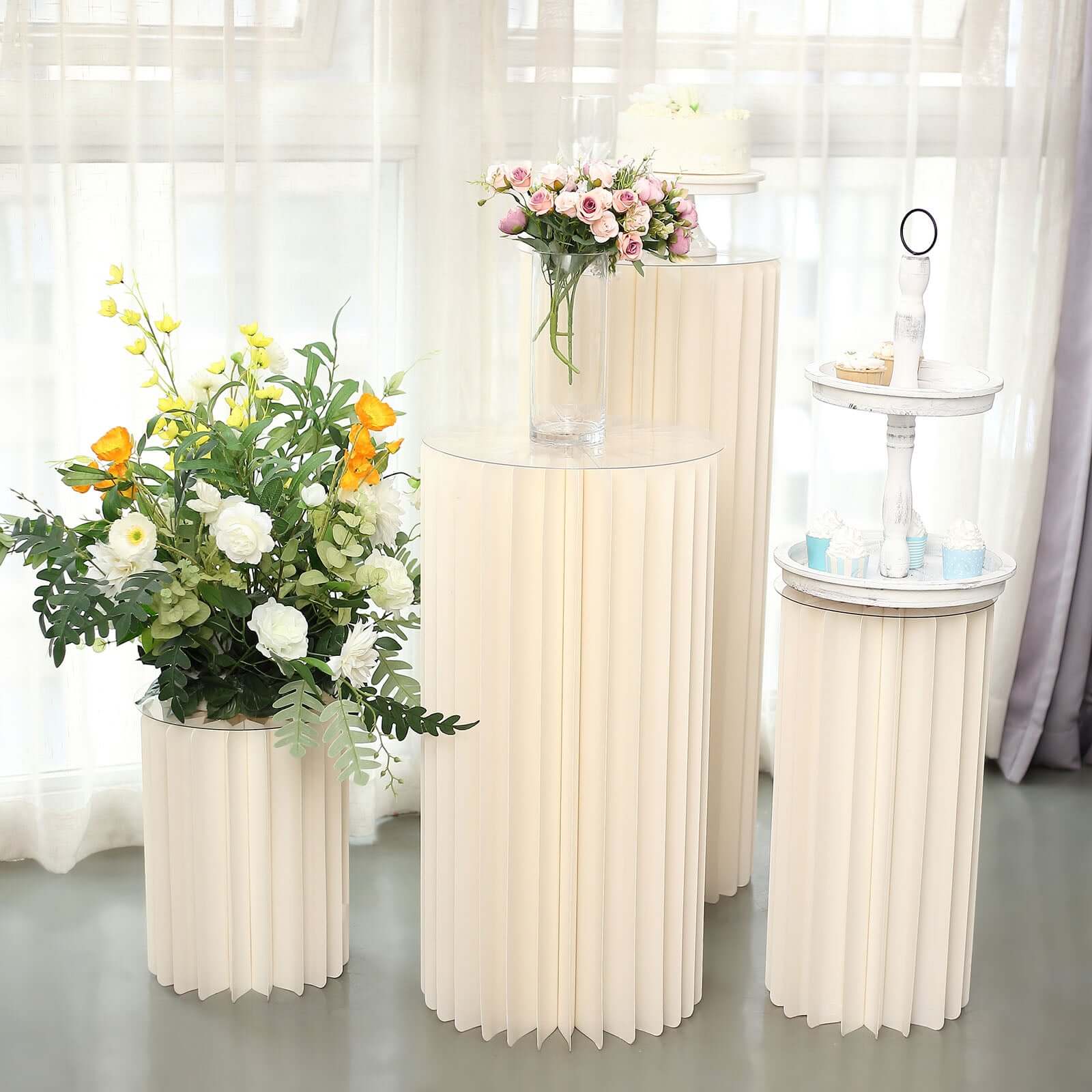 Ivory Cylinder Pillar Pedestal Stand, Display Column Stand With Top Plate 40