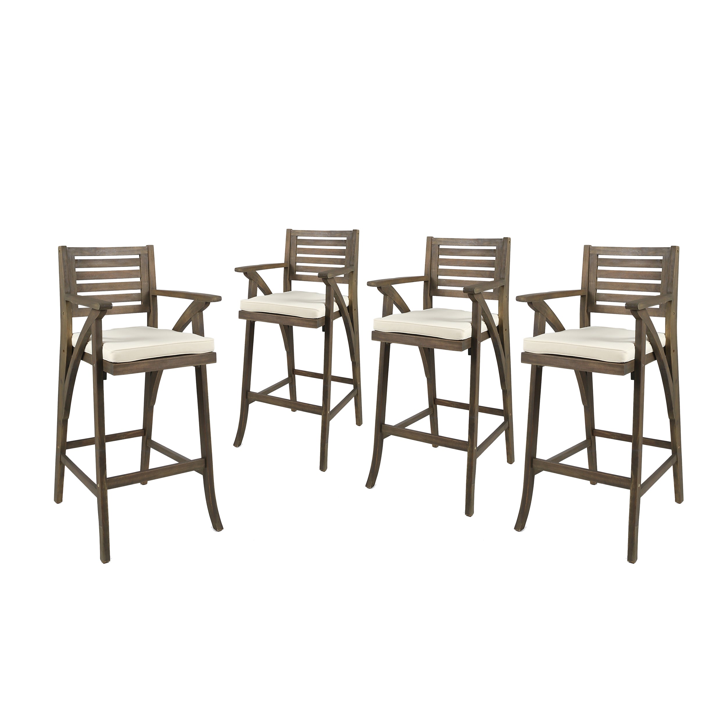 Hermosa Outdoor Acacia Wood Barstool (Set of 4), Grey with Cream Cushion