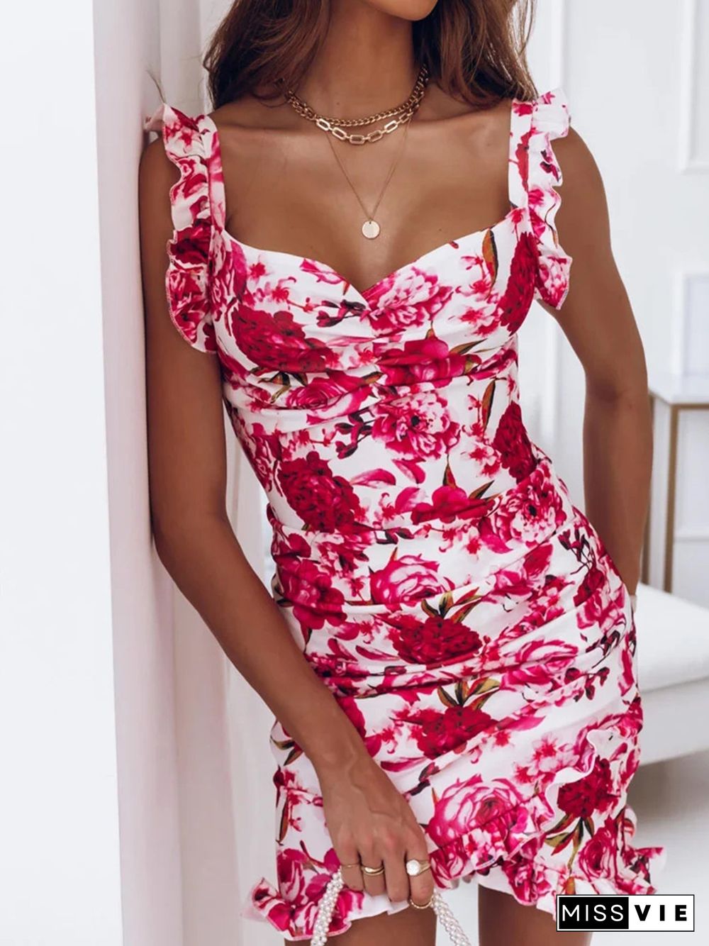 Women'S Dresses Ruffled V-Neck Floral Sleeveless Dress