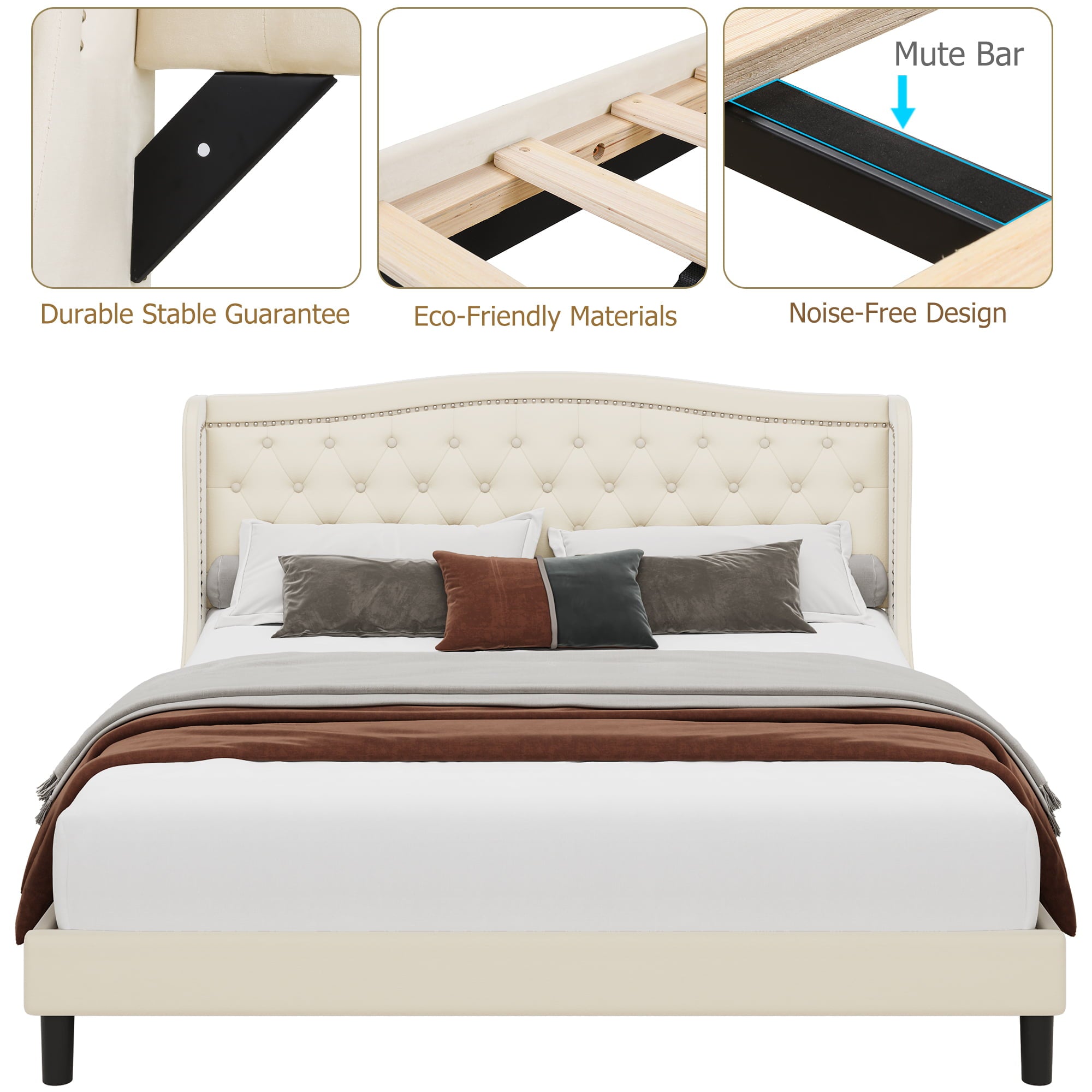 Homfa King Bed Frame, Modern Bed Frame with Wing-Back Button Tufted Upholstered Headboard, Wood Slat Support, Beige