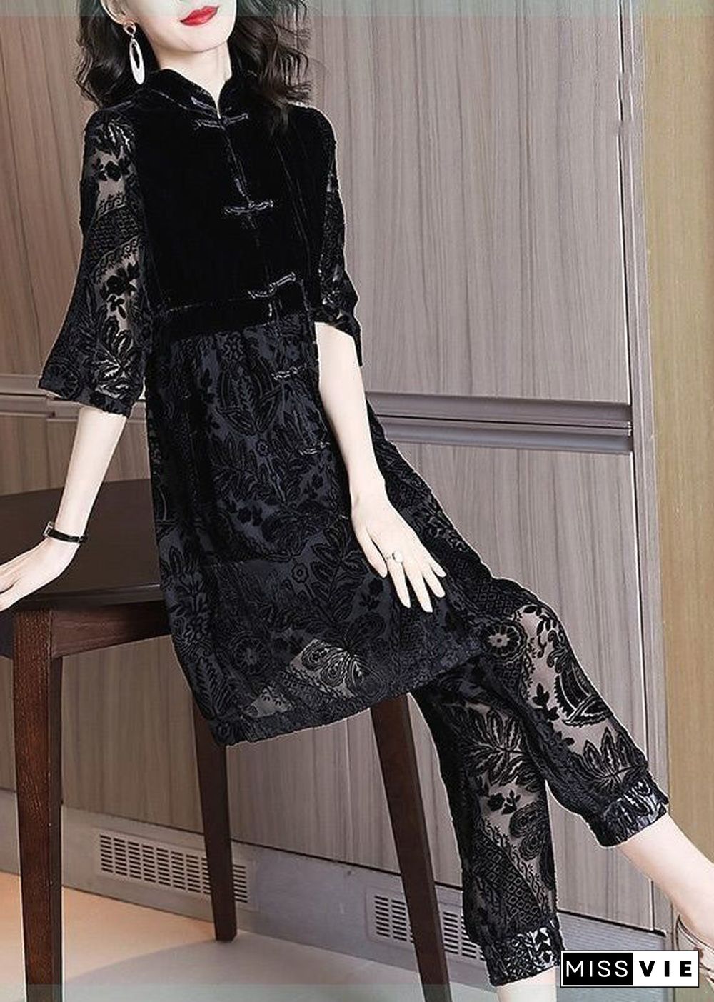 Chinese Style Black Stand Collar Asymmetrical Lace Dress And Crop Pants Two Piece Set Fall