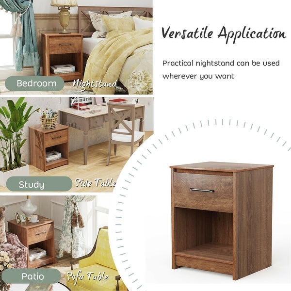 Gymax 2PCS Nightstand with Drawer Storage Shelf Wooden End Side Table