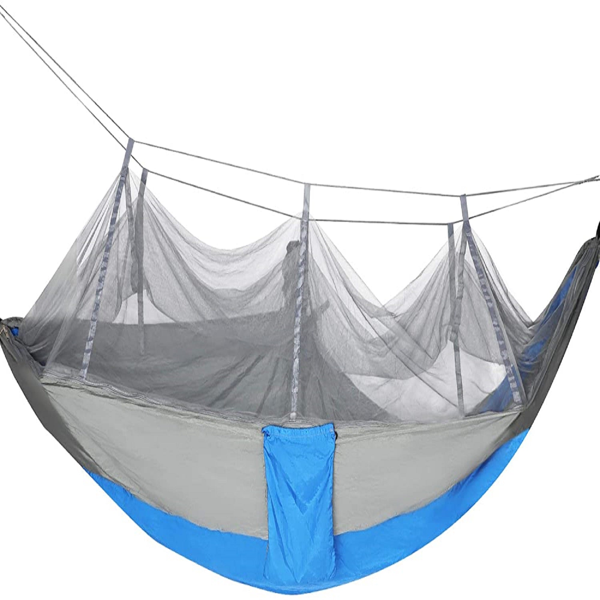 KARMAS PRODUCT Camping Hammock with Mosquito Net, 8.5 ft Single Portable Lightweight Nylon Hammocks with 2 Adjustable Tree Straps for Backpacking, Travel, Beach, Backyard,Hiking (Blue/Gray)