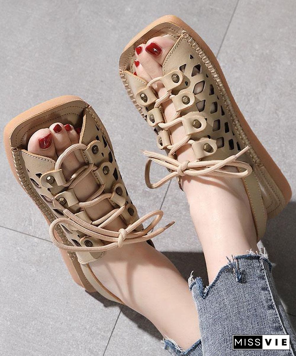 Chocolate Lace Up Flat Sandals Cowhide Leather