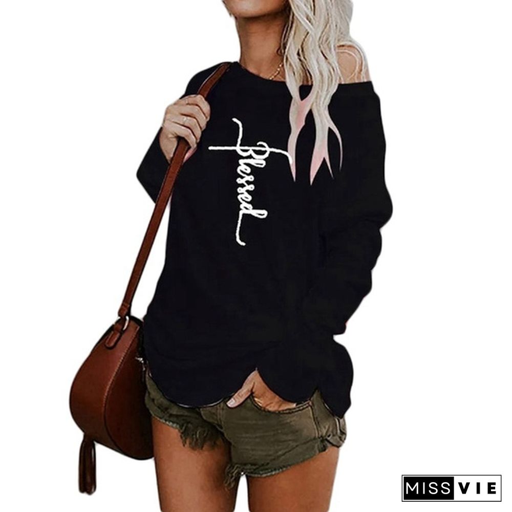 New Autumn And Winter Fashion Women Blessed Letter Printed Long Sleeve Sweatshirt Round Collar Loose Blouses Pullover Tops Jumpers