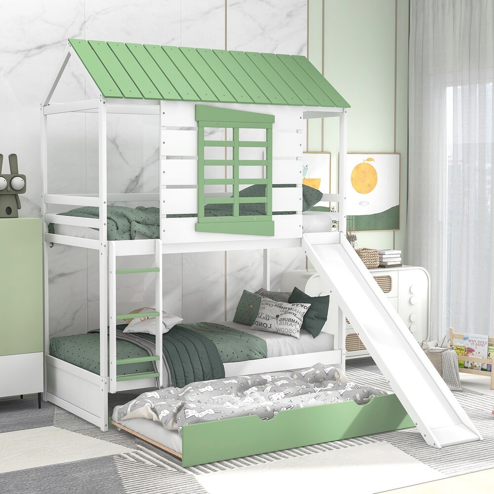 Twin over Twin Size Modern Wood House Roof Bunk Bed and Windows with Convertible Slide Pull out Bed with Trundle   Slatted Frame