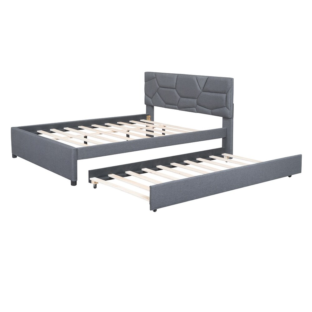 Queen Size Upholstered Platform Bed with Linen Fabric Brick Pattern Headboard and Twin XL Size Trundle Bed Frame