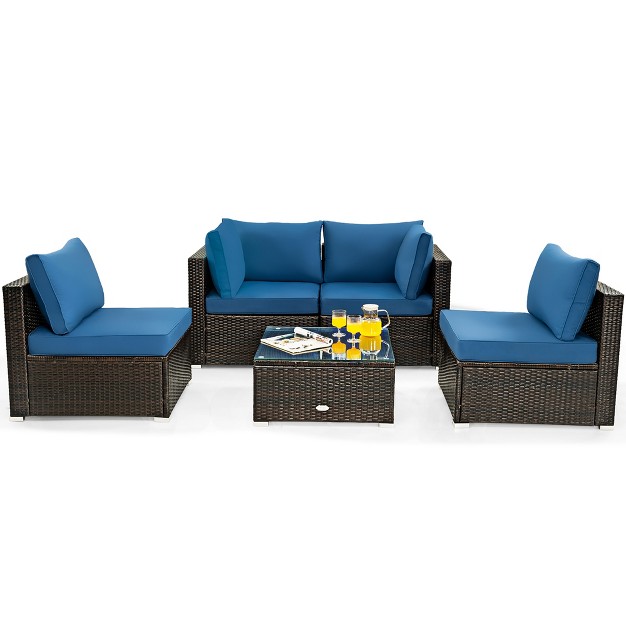 Costway 5pcs Patio Rattan Furniture Set Cushioned Sofa amp Chair Coffee Table