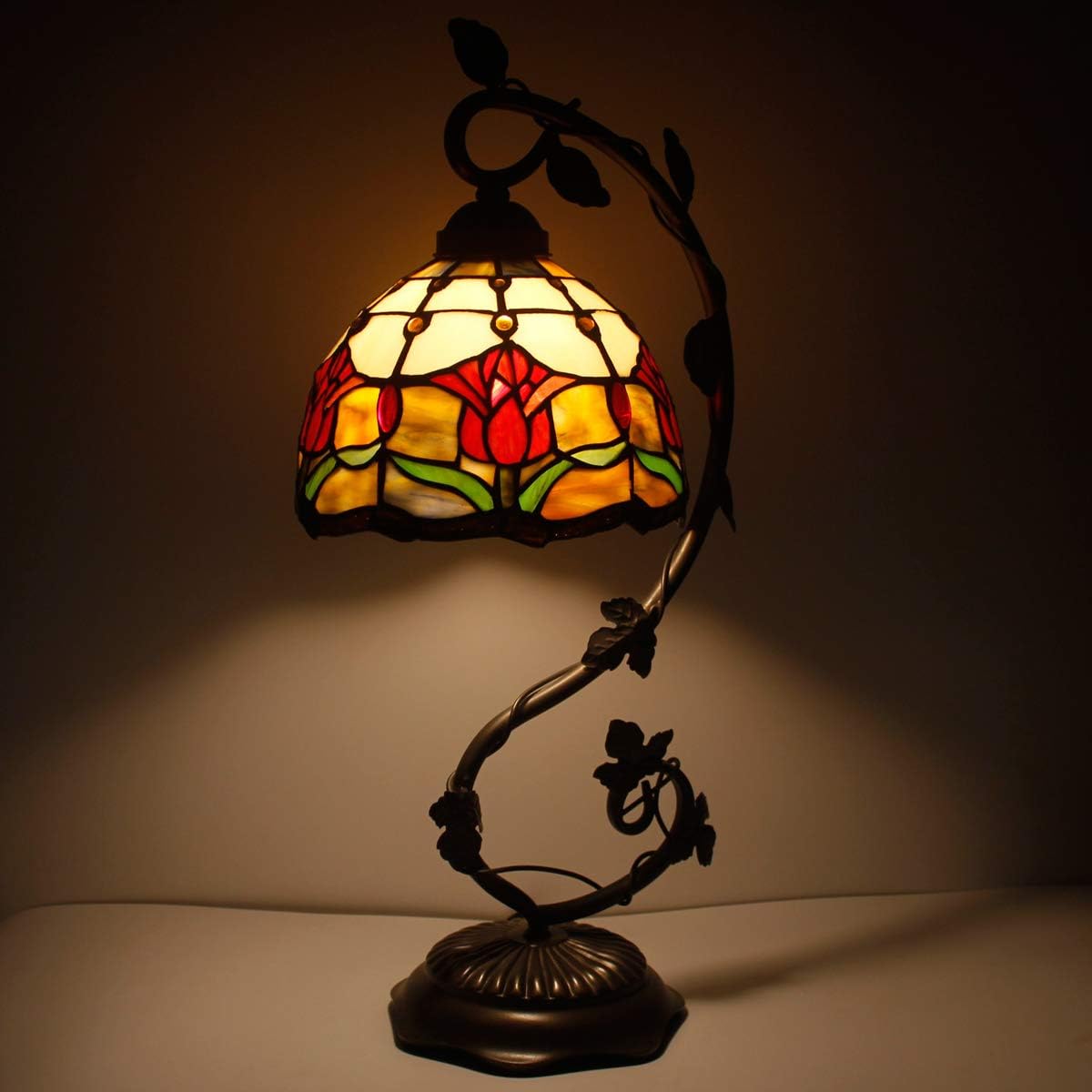 GEDUBIUBOO  Lamp Red Stained Glass Tulip Table Lamp  Metal Leaf Base 8X10X21 Inches Reading Desk Light Decor Small Space Bedroom  Office S030 Series