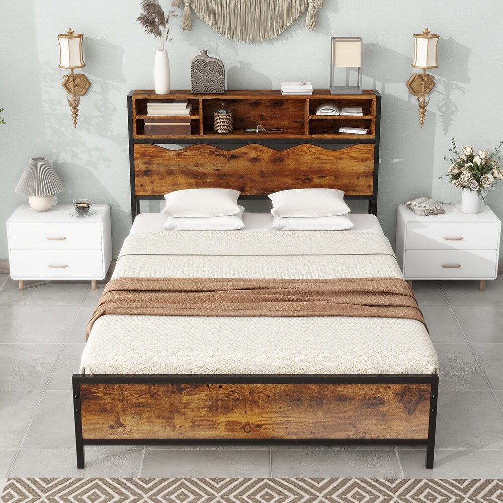 Rustic Bookcase Bed Frame with Power Outlets + 2 Storage Drawers 