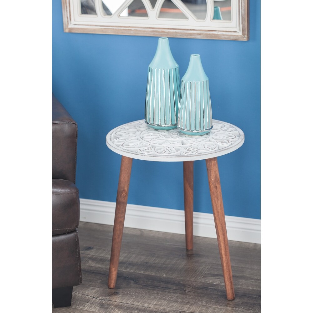 Wood Handmade Intricately Carved Floral Accent Table with 3 Slender Legs