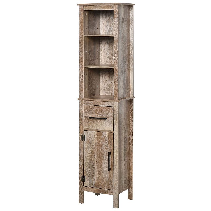 kleankin Tall Bathroom Storage Cabinet Freestanding Linen Tower with 3 Tier Open Adjustable Shelves Cupboard and Drawer Narrow Slim Floor Organizer