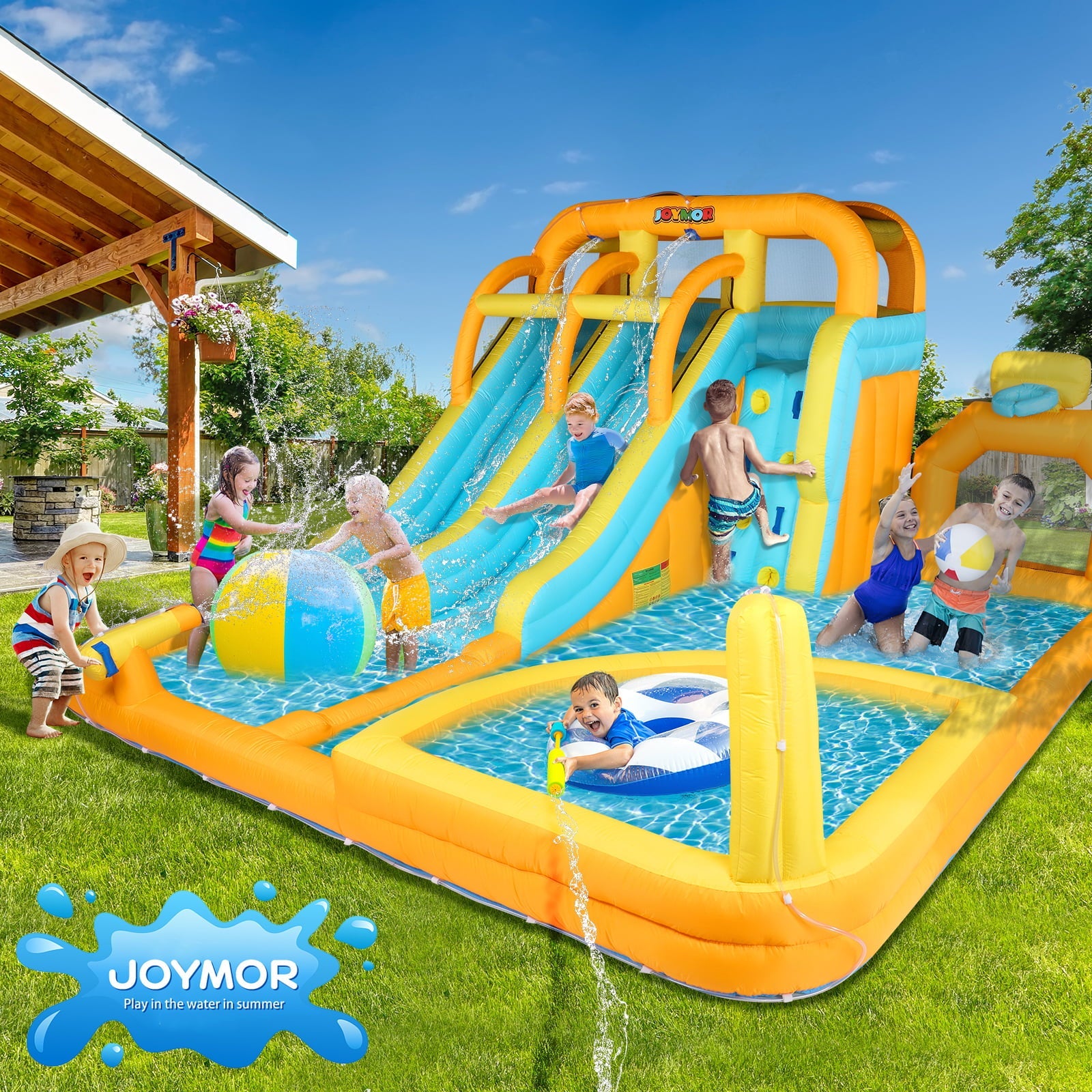 JOYMOR 8-in-1 Inflatable Water Slide Park w/ Splash & Deep Pool, Double Long Water Slides, Climbing Wall, Giant Blow up Bounce House for Kids  Backyard Party Age 3-12 (Included 750w Blower)