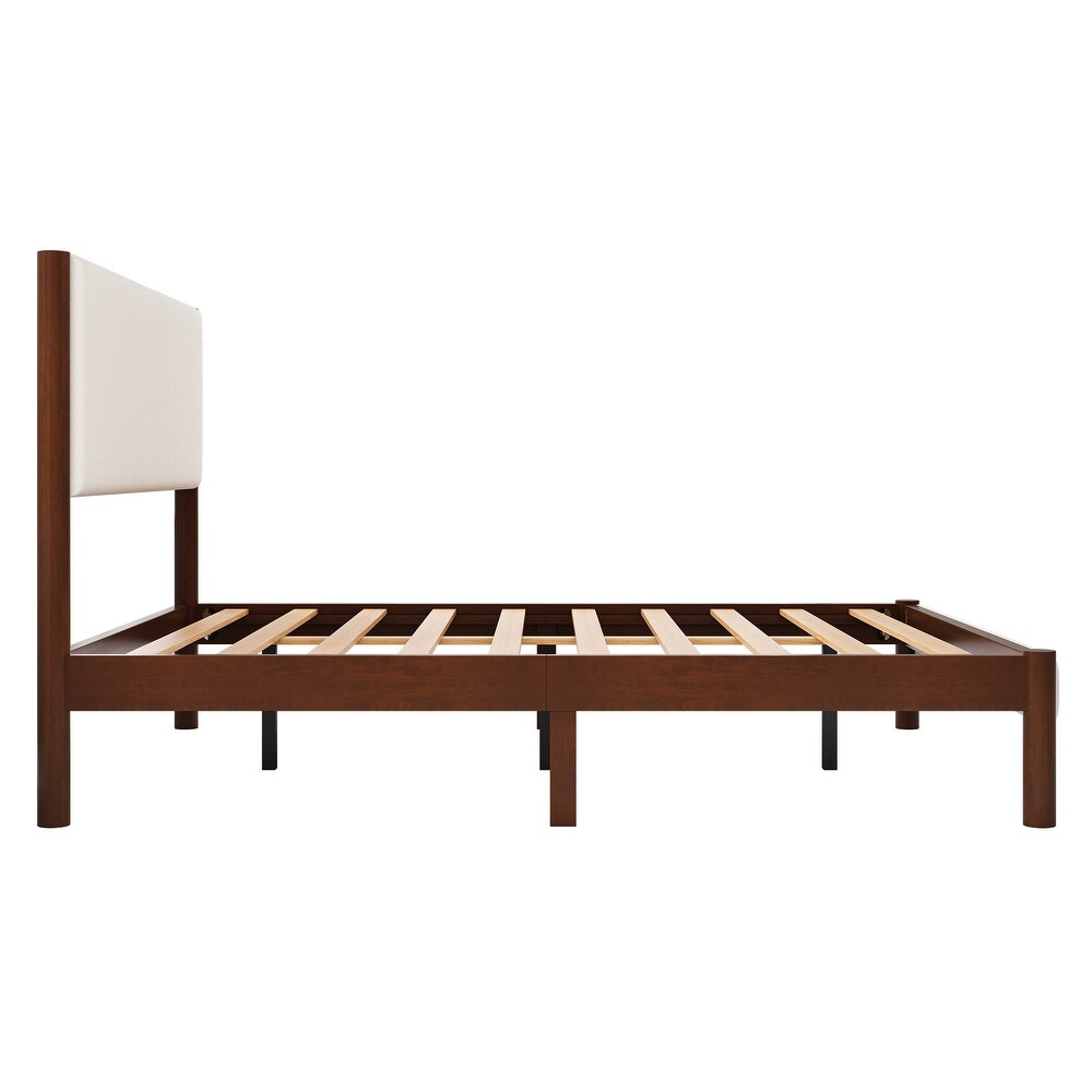 Queen Size Mid Century Modern Upholestery Platform Bed Frame with Upholstered Headboard  No Box Spring Needed  Walnut