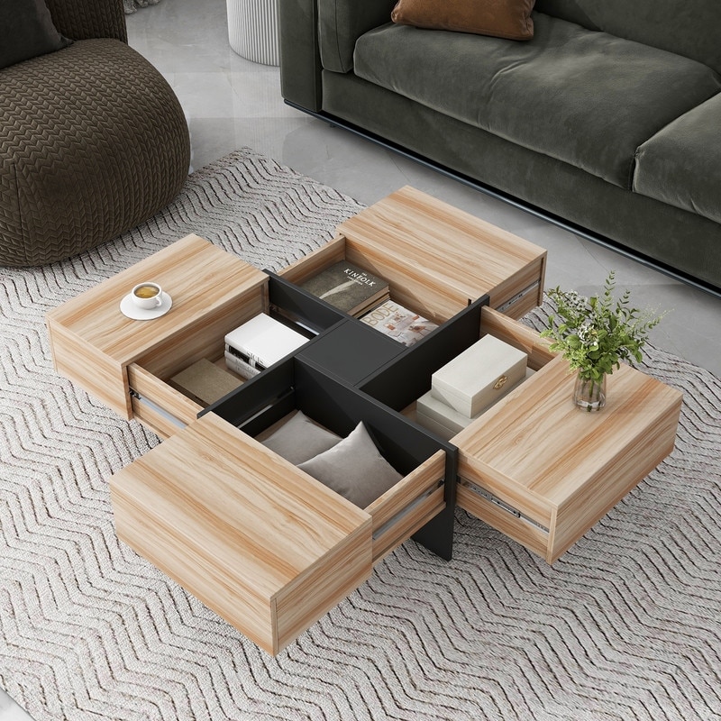 Square Cocktail Table Unique Design Coffee Table with 4 Hidden Storage Compartments