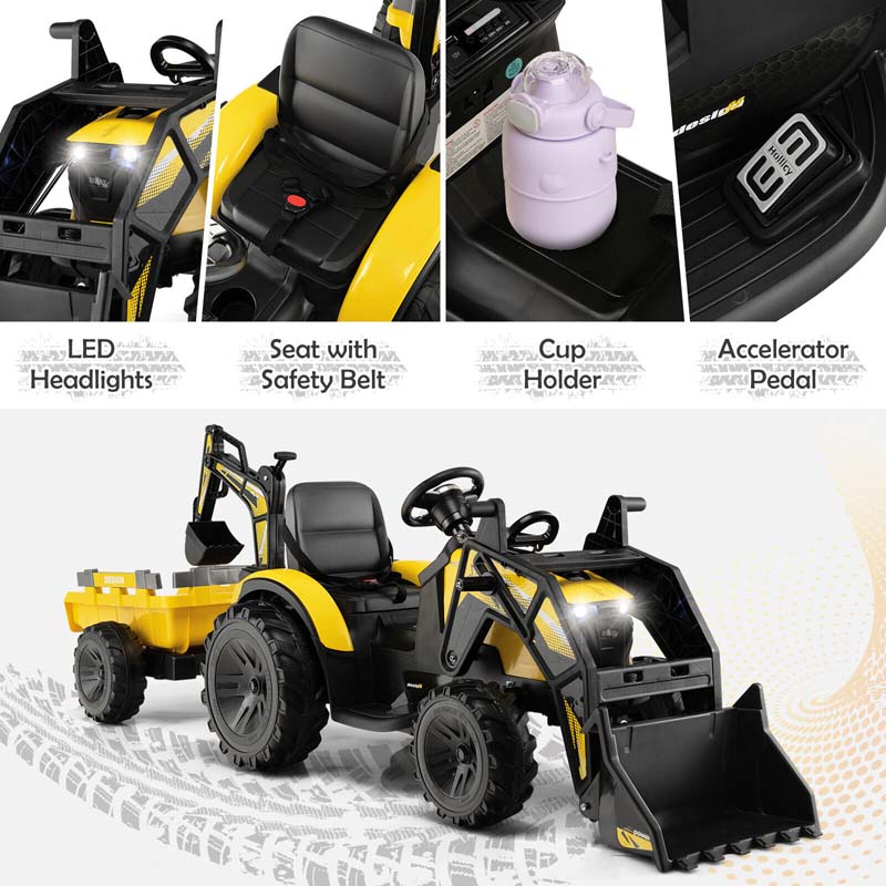 3-in-1 Kids Ride on Tractor Excavator Bulldozer, 12V Battery Powered RC Construction Vehicle with Trailer