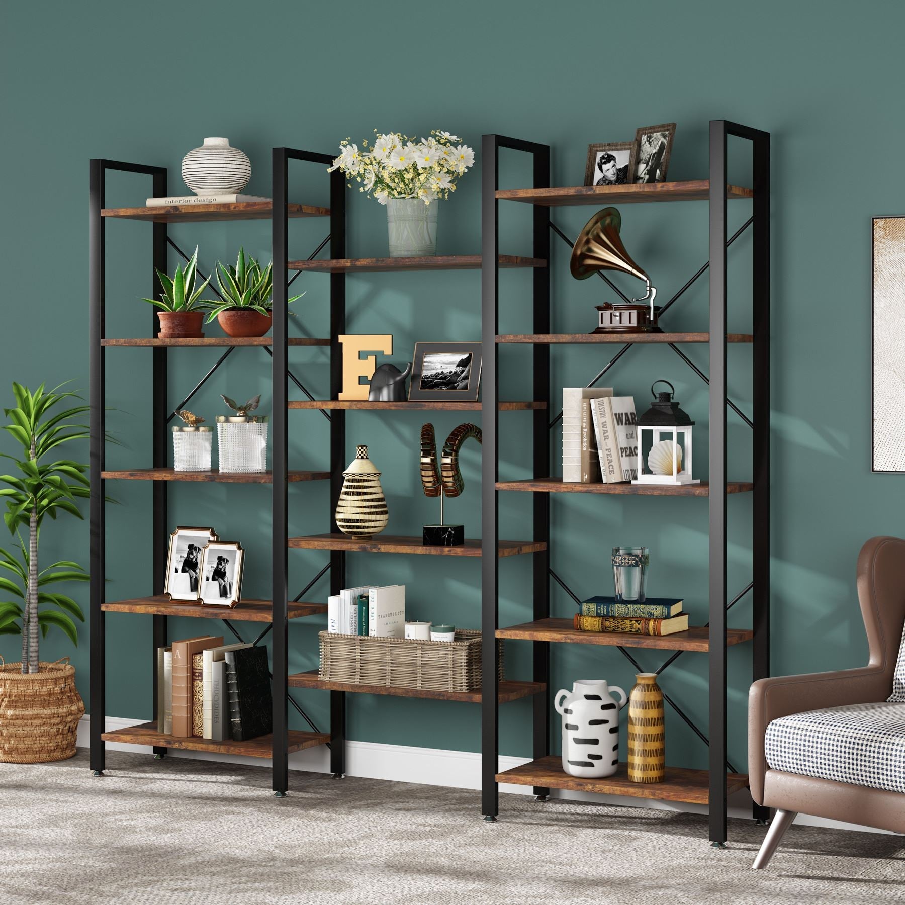 70 Bookshelf, Triple Wide Etagere Bookcase Open Display Shelf