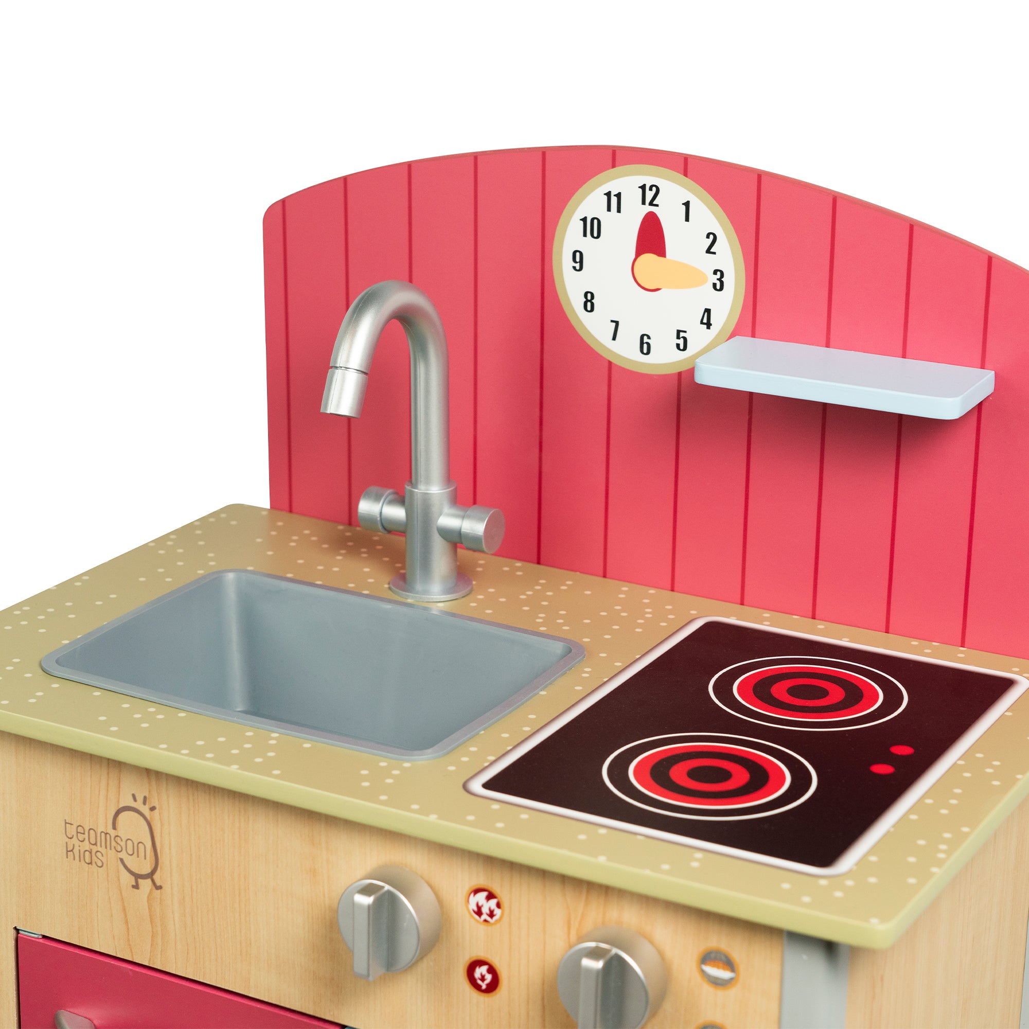 Teamson Kids Little Chef Porto Classic Wooden Kitchen Playset, Natural/Red