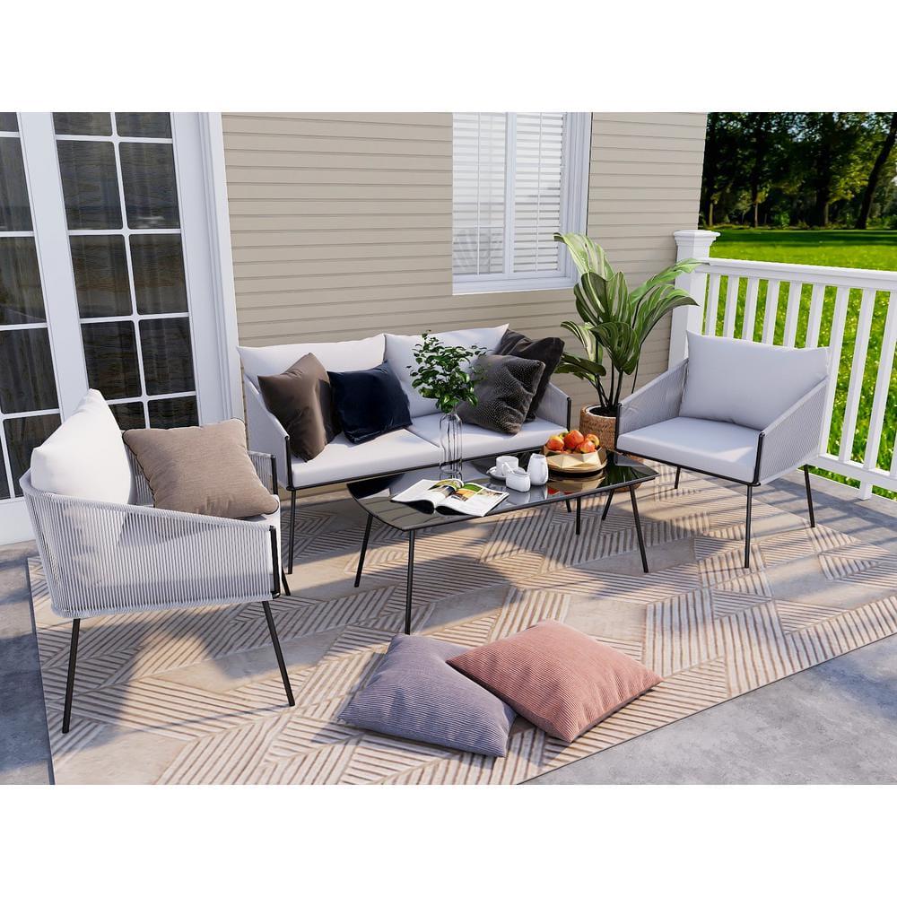 Uixe 4Piece Iron Outdoor Patio Conversation Set with Light gray Cushions