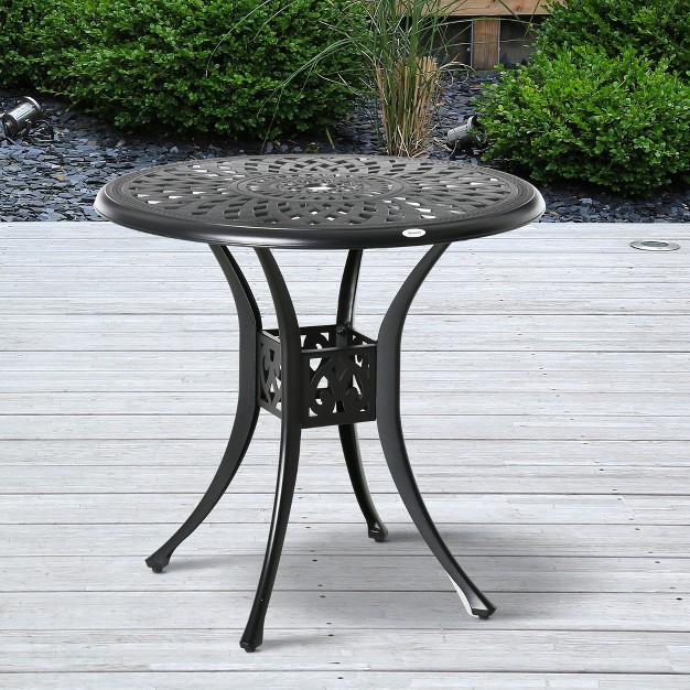 Round Patio Dining Table With Umbrella Hole Antique Cast Aluminum Outdoor Bistro Table Black