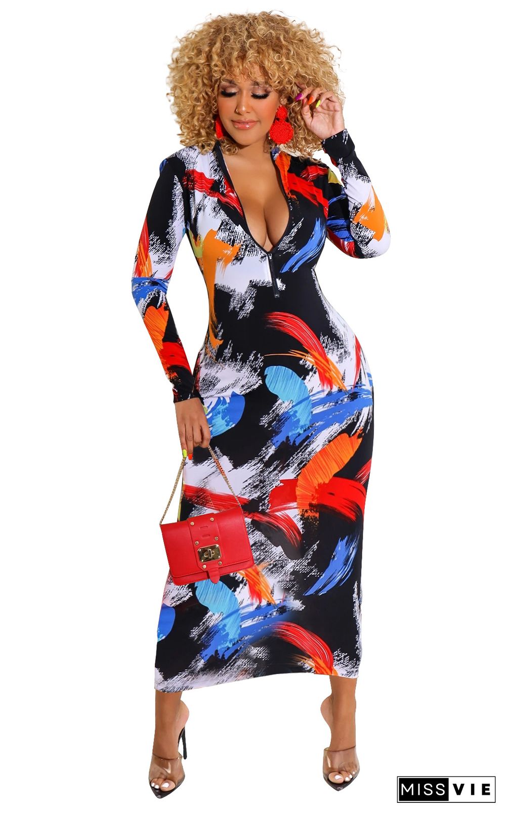 Graffiti Printing Zipper Long Sleeve Bodycon Dress