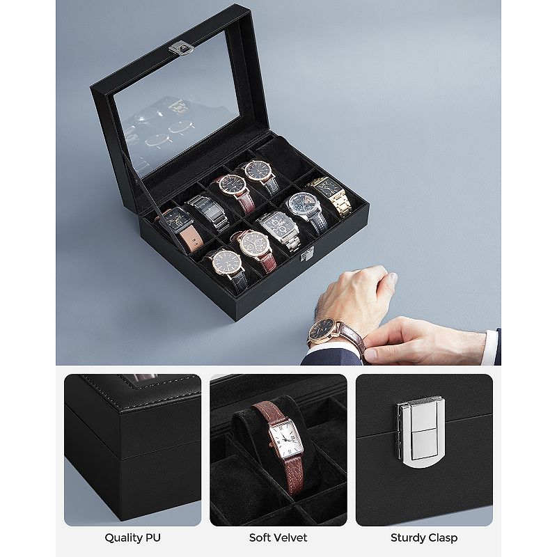 10 Slots Box， Holder with Glass Lid， Case with Removable Pillow， Velvet Lining， Metal Clasp