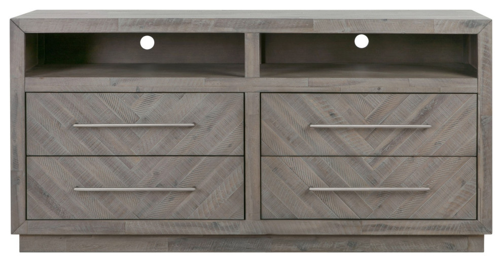 Benzara BM231897 64 Inches Herringbone Pattern 4 Drawer Media Console  Gray   Farmhouse   Entertainment Centers And Tv Stands   by Uber Bazaar  Houzz