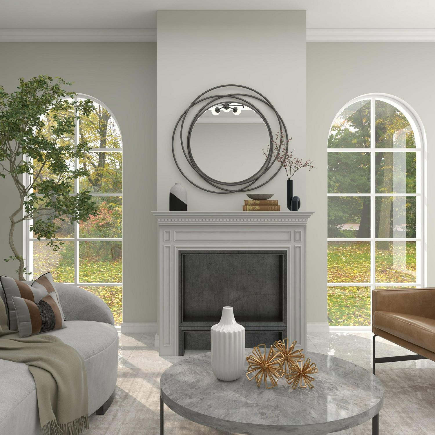 DecMode Gray Modern Metal Wall Mirror with Overlapping Rings Frame， 42 W x 40 H