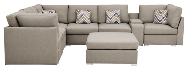 Amira Beige Fabric Reversible Sectional Sofa with USB Storage Console Cupholders   Contemporary   Sectional Sofas   by Morning Design Group  Inc  Houzz