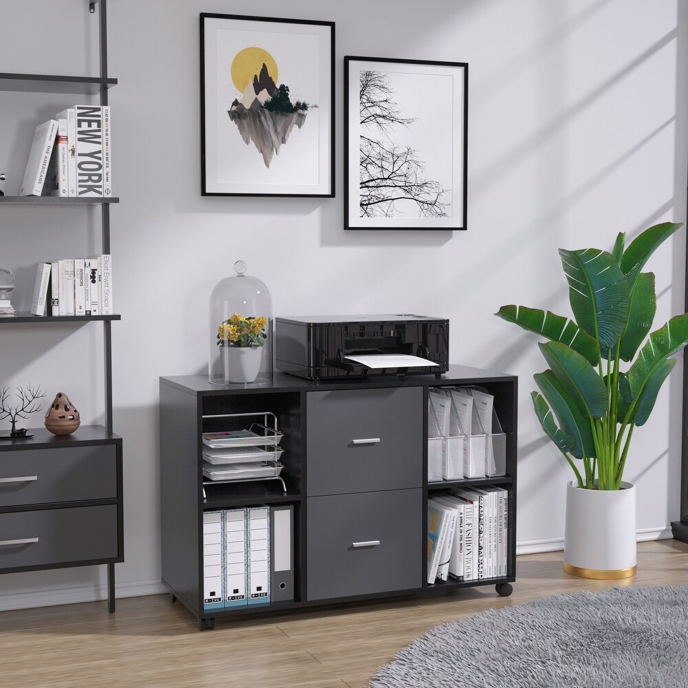 Wooden Filing Cabinet with 2 Drawers and 4 Open Storage Shelves  Equipped with Movable Wheels