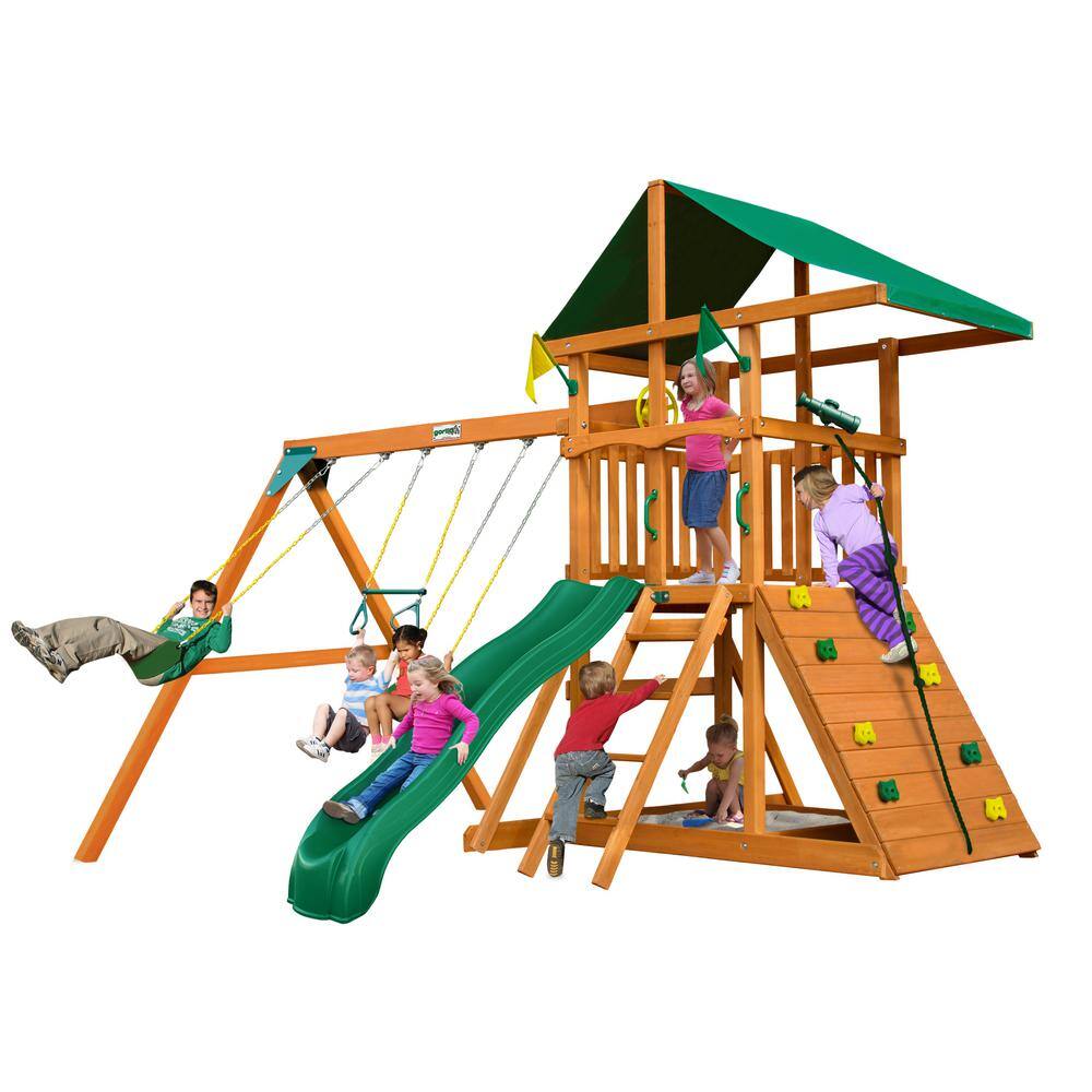 Gorilla Playsets DYI Outing III Wooden Outdoor Playset with Tarp Roof Rock Wall Wave Slide Swings and Backyard Swing Set Accessories 01-0001