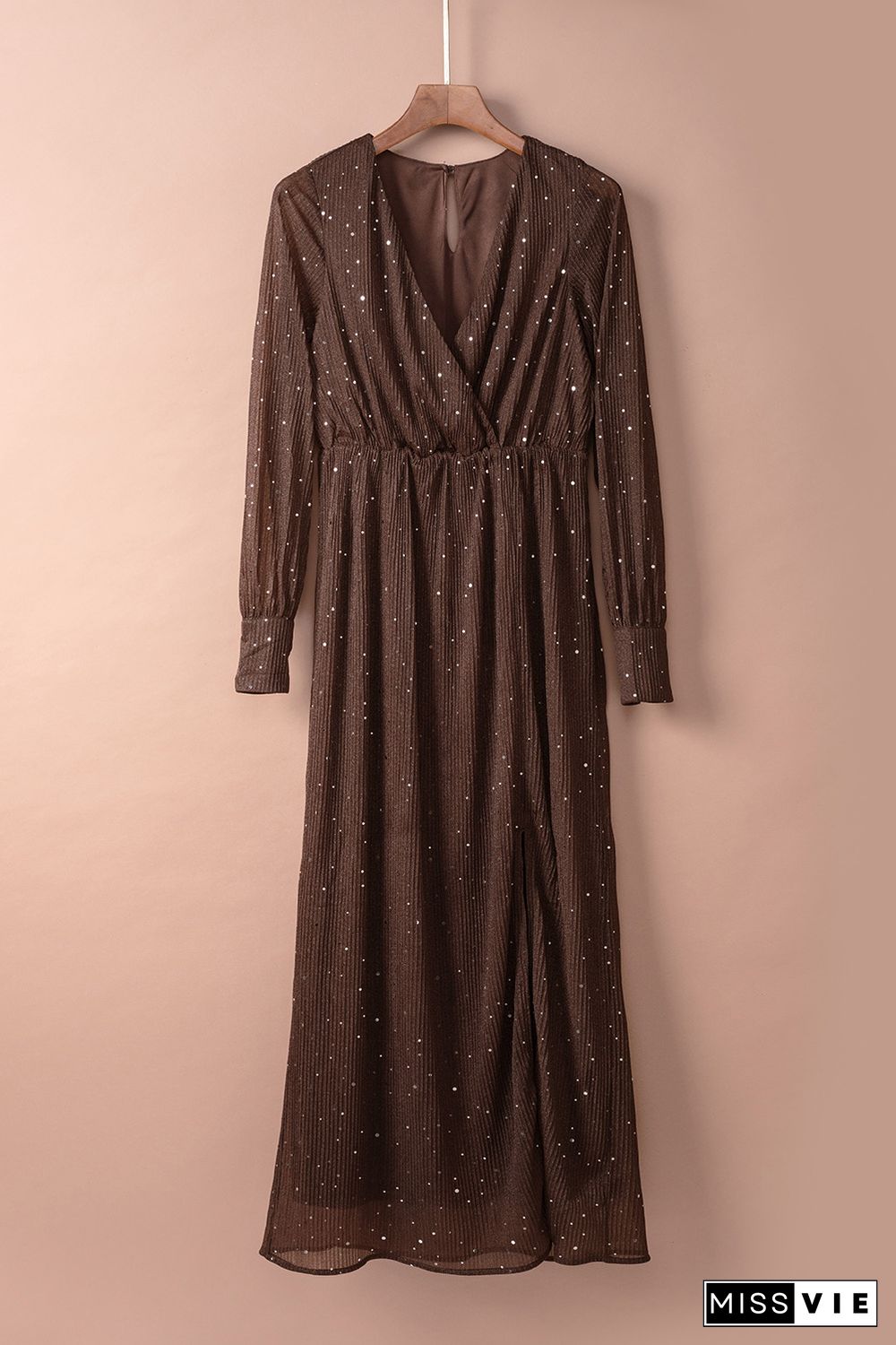 Brown Side Split Rhinestone V Neck Maxi Dress