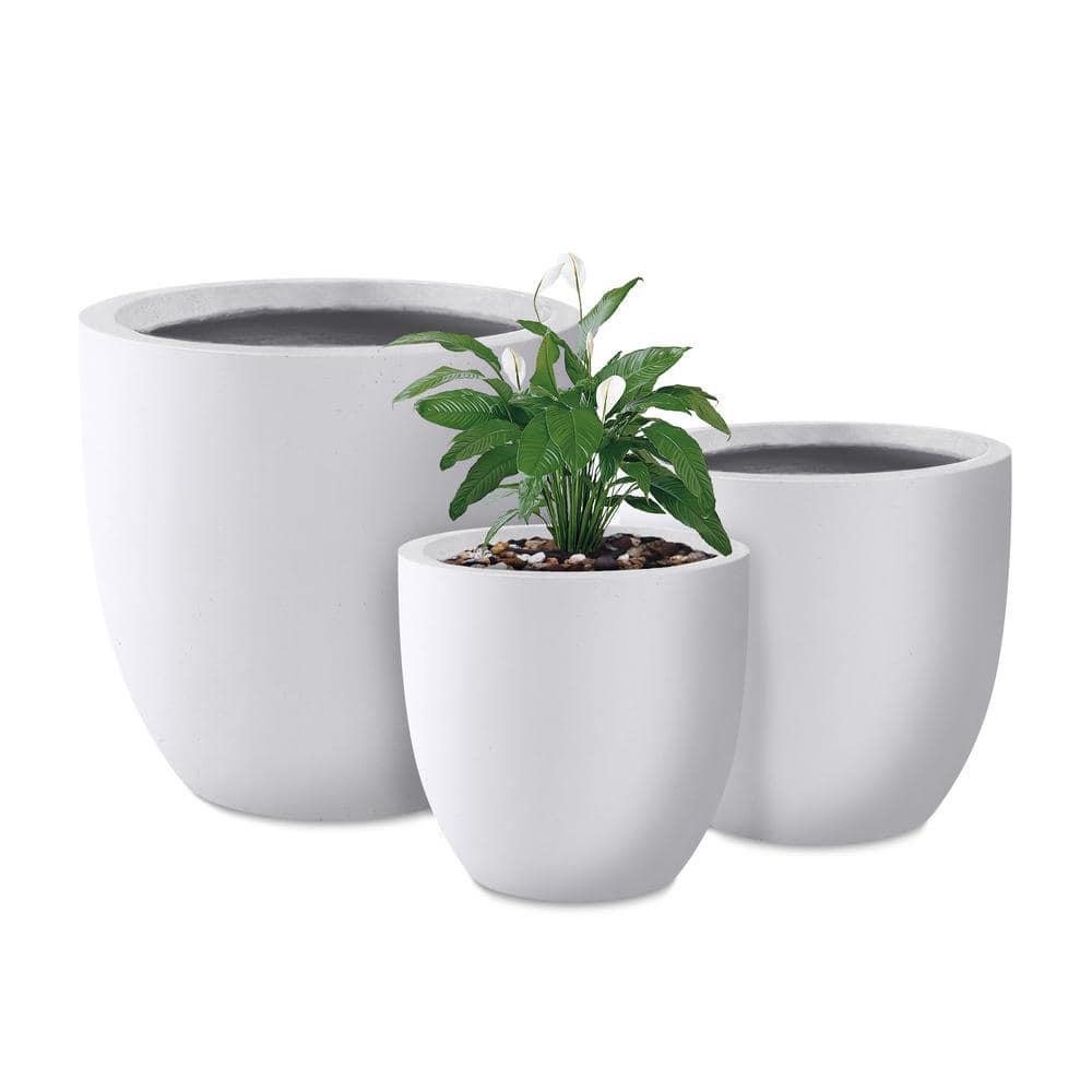 KANTE 18 in.， 14 in. and 10 in.W Pure White Concrete Round Planters (Set of 3)， Outdoor Indoor Modern Seamless Planter Pots RC0050ABC-C80011