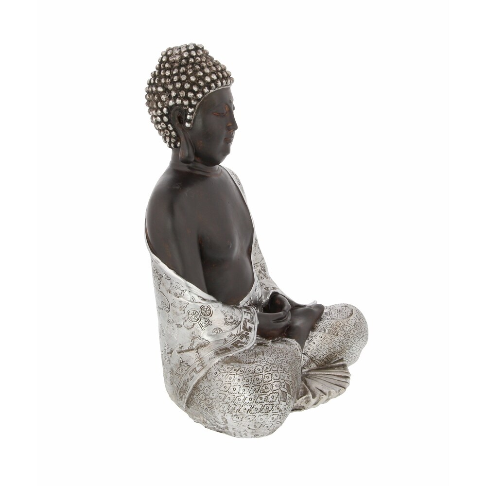 Silver Polystone Bohemian Buddha Sculpture with Engraved Carvings and Relief Detailing   9 x 5 x 11