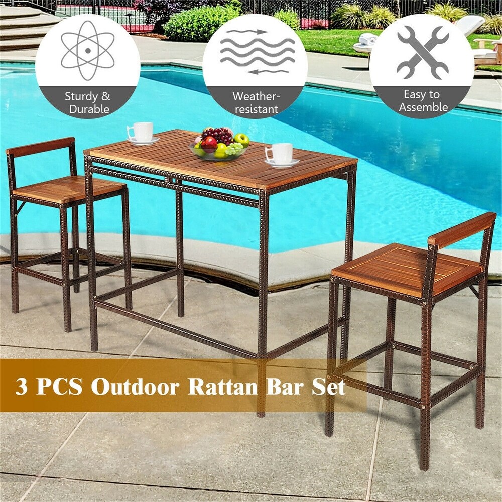 3PCS Acacia Wood Steel Frame Patio Rattan Wicker Bar Dining Set