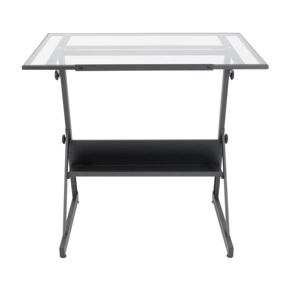 Studio Designs Solano 42 in. W DrawingWriting Desk in Charcoal Black  Clear Glass with Adjustable Top and Storage Shelf 13346