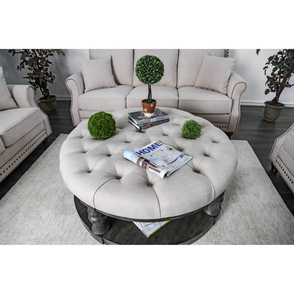 Rustic Ottoman Coffee Table  Molding Accented Legs and Tufted Seat  Antique Gray   Traditional   Coffee Tables   by Declusia  Houzz