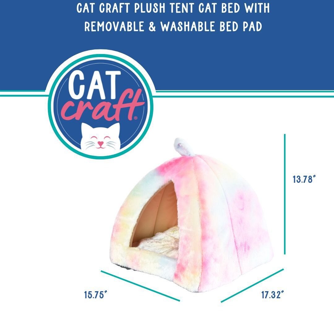 Cat Craft Plush Tent Cat Bed with Removable Cover， Pastel Tie Dye， Medium