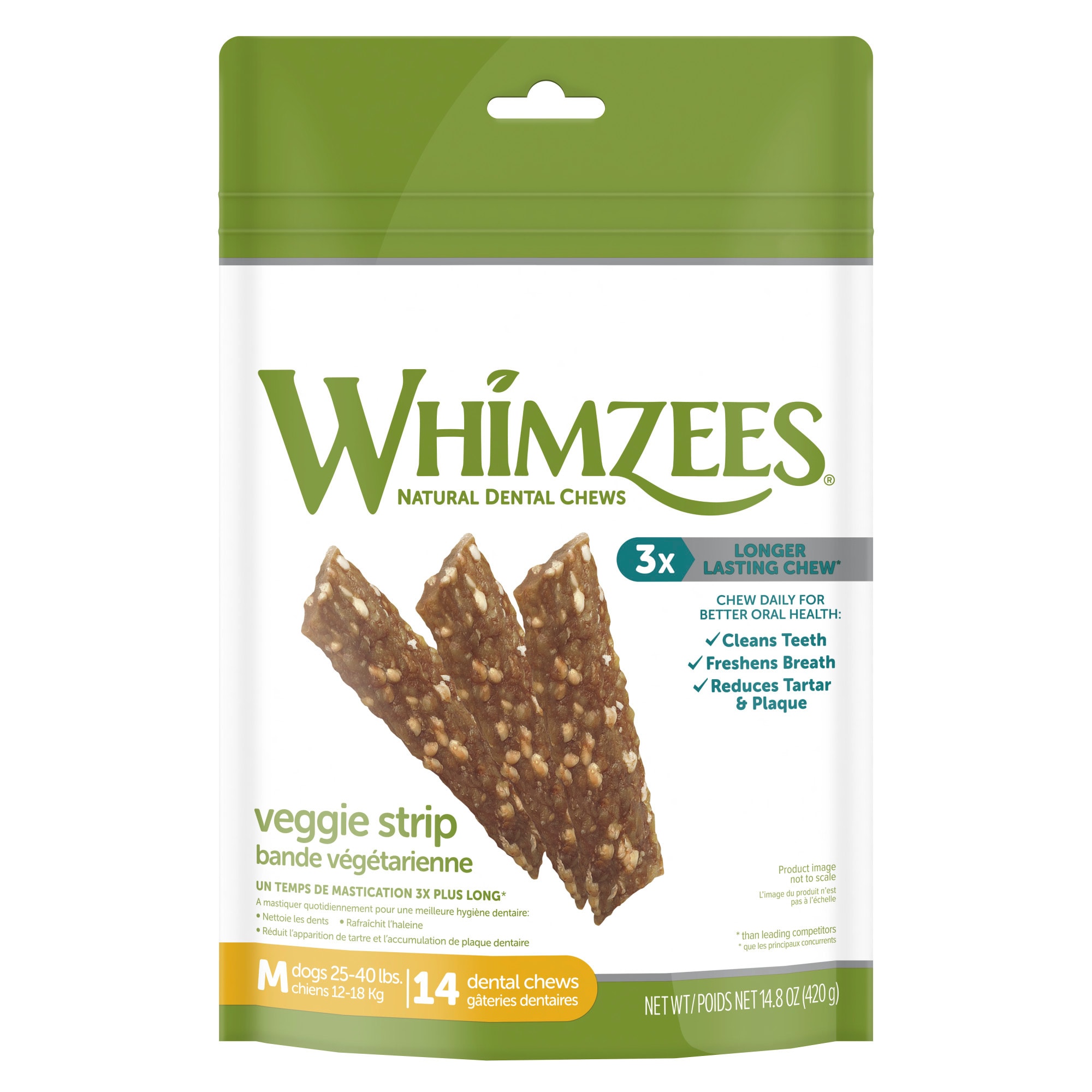 WHIMZEES Natural Grain Free Daily Dental Long Lasting Veggie Strips Medium Dog Treats， 14.8 oz.， Pack of 14