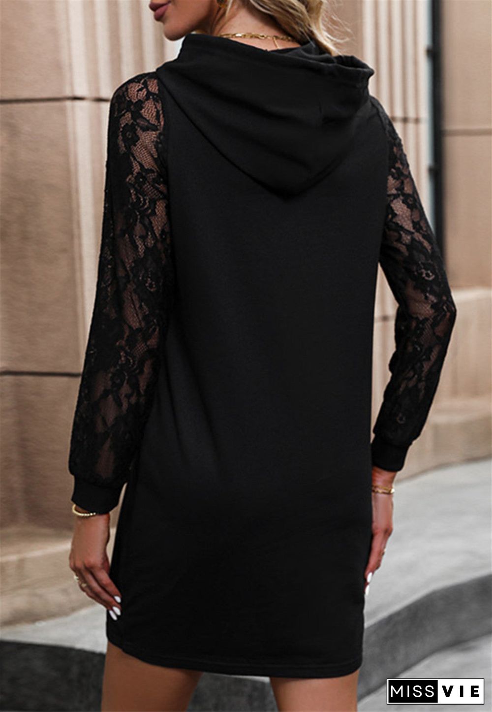 Sheer Lace Sleeve Hoodie Dress