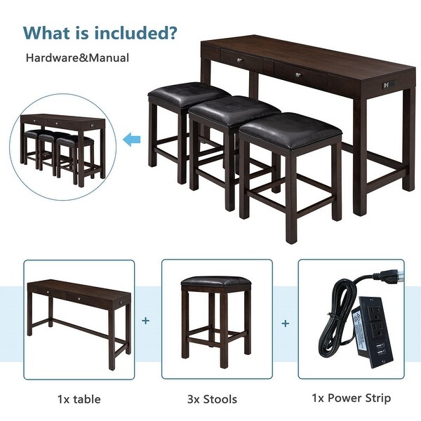 Counter set， counter height bar set， wooden counter set， 2 drawers and sockets， 3 upholstered stools