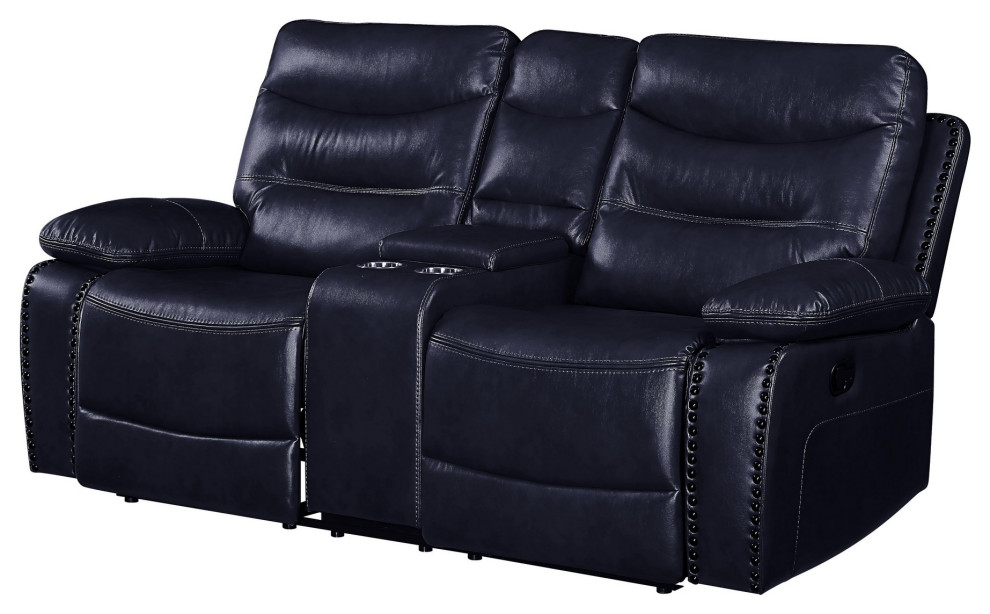 Benzara BM251076 Motion Loveseat  Leather Upholstery and Tufted Seat  Navy Blue   Transitional   Loveseats   by Uber Bazaar  Houzz