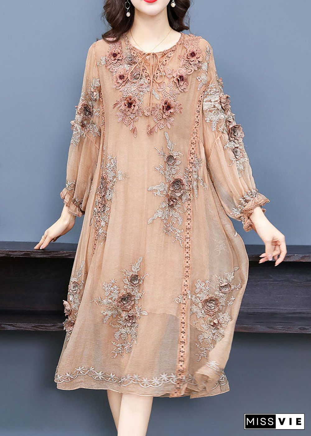 Handmade Apricot V Neck Embroideried Floral Silk Maxi Dress Long Sleeve