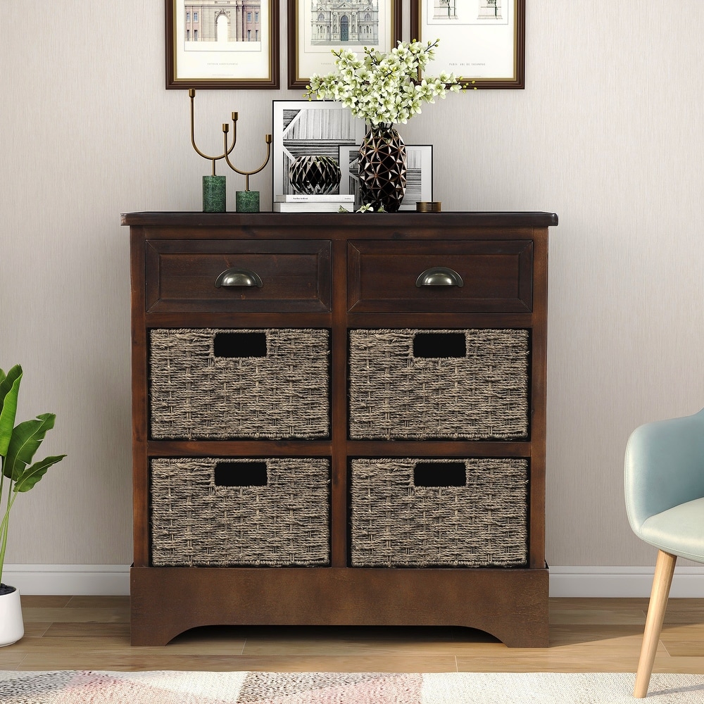 Rustic Storage Cabinet Sideboard with Two Drawers and Four Classic Rattan Basket for Dining Room/Living Room