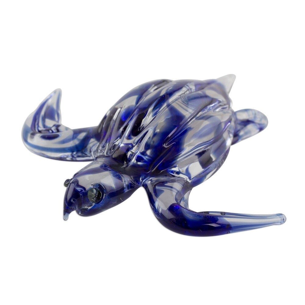 Handmade Marine Turtle In Blue Art Glass Figurine (Costa Rica)   0.6\