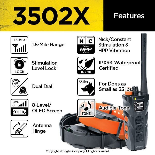 Dogtra 3502X Training e-Collar Waterproof Rechargeable 1.5-mile Range Dog Remote， Black/Orange